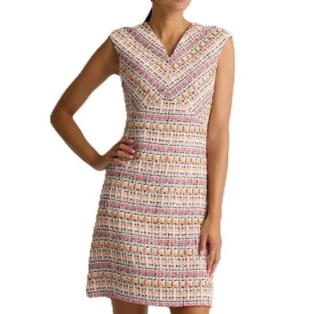 St John Tweed Knee Length Sheath Dress 8 Pink Melon Plaid Sleeveless 2025 NWT